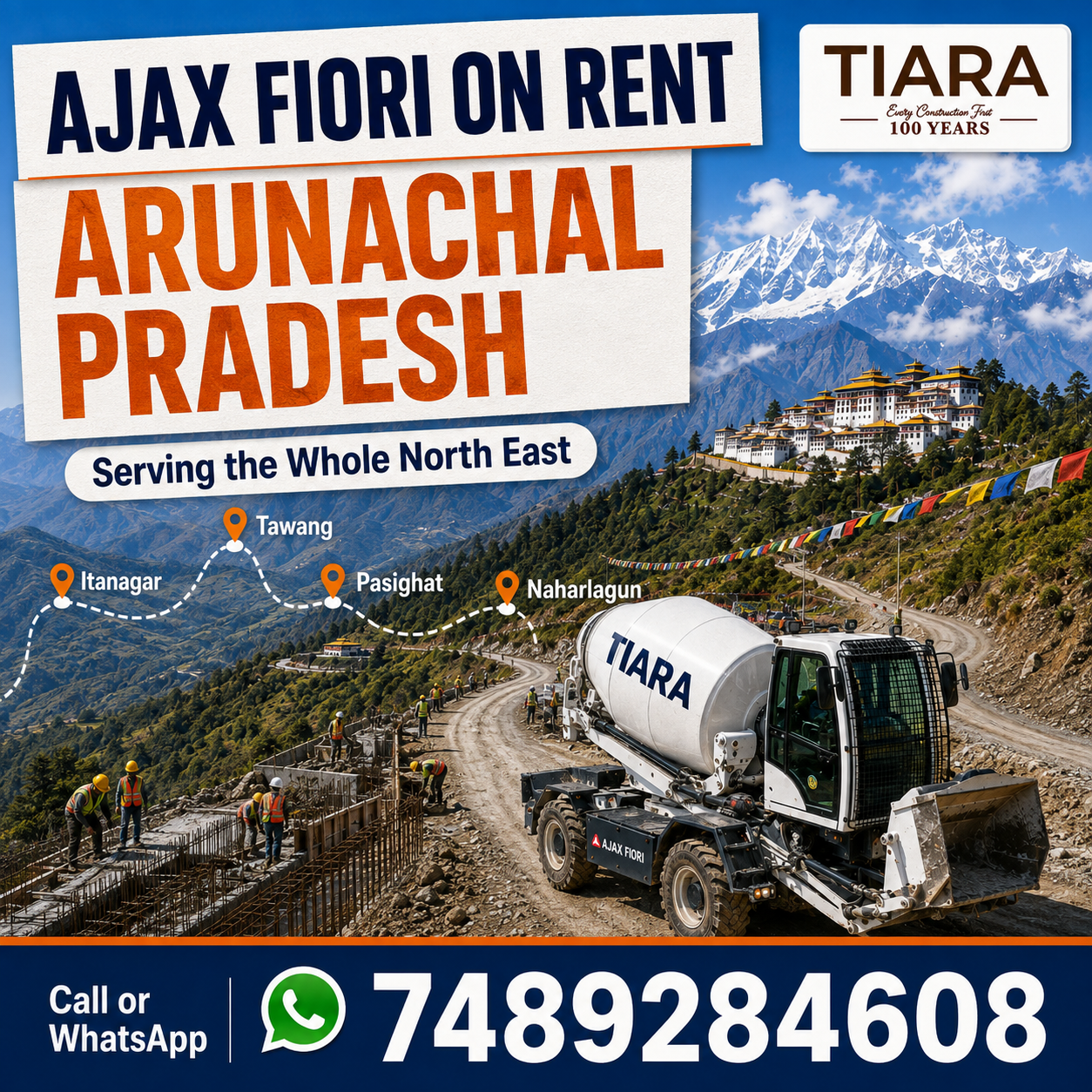 Ajax Fiori and self-loading concrete mixer available on rent in Arunachal Pradesh from Tiara Infrastructure