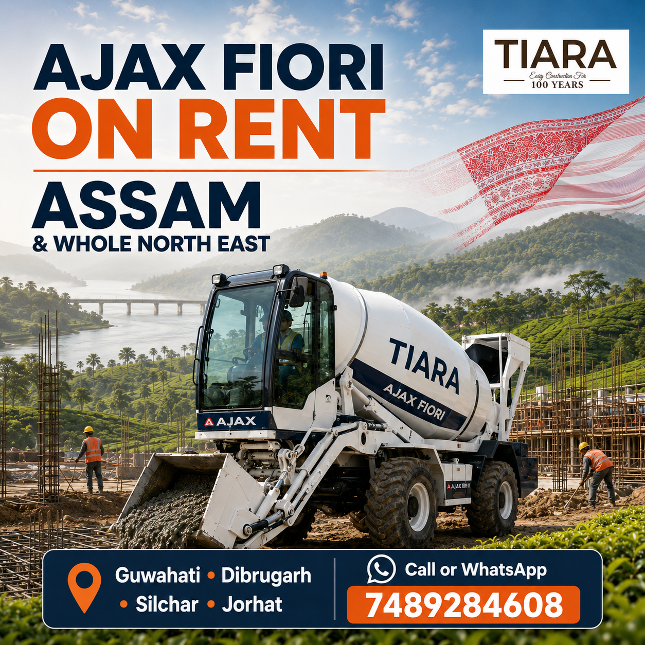 Ajax Fiori and self-loading concrete mixer available on rent in Assam from Tiara Infrastructure