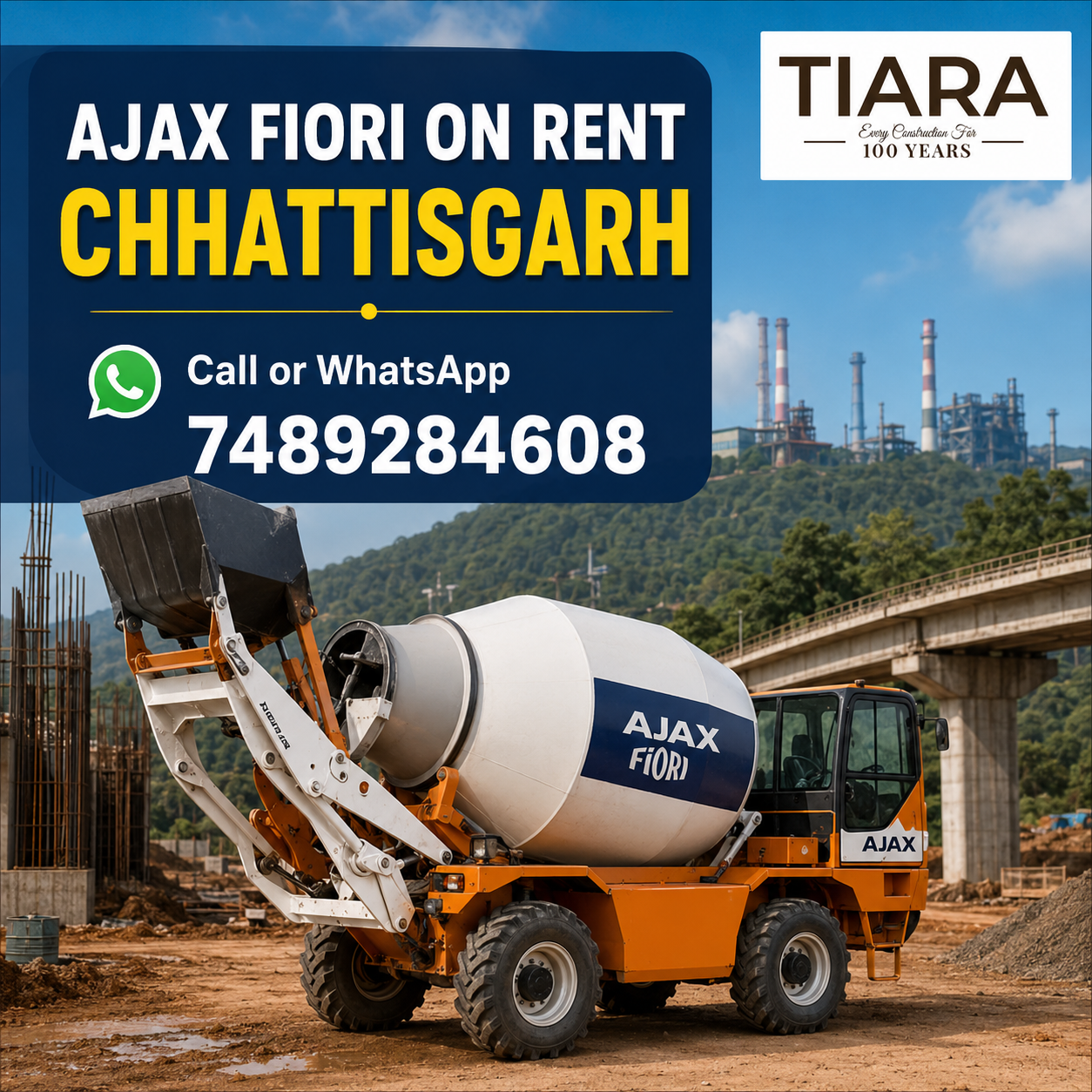Ajax Fiori and self-loading concrete mixer available on rent in Chhattisgarh from Tiara Infrastructure