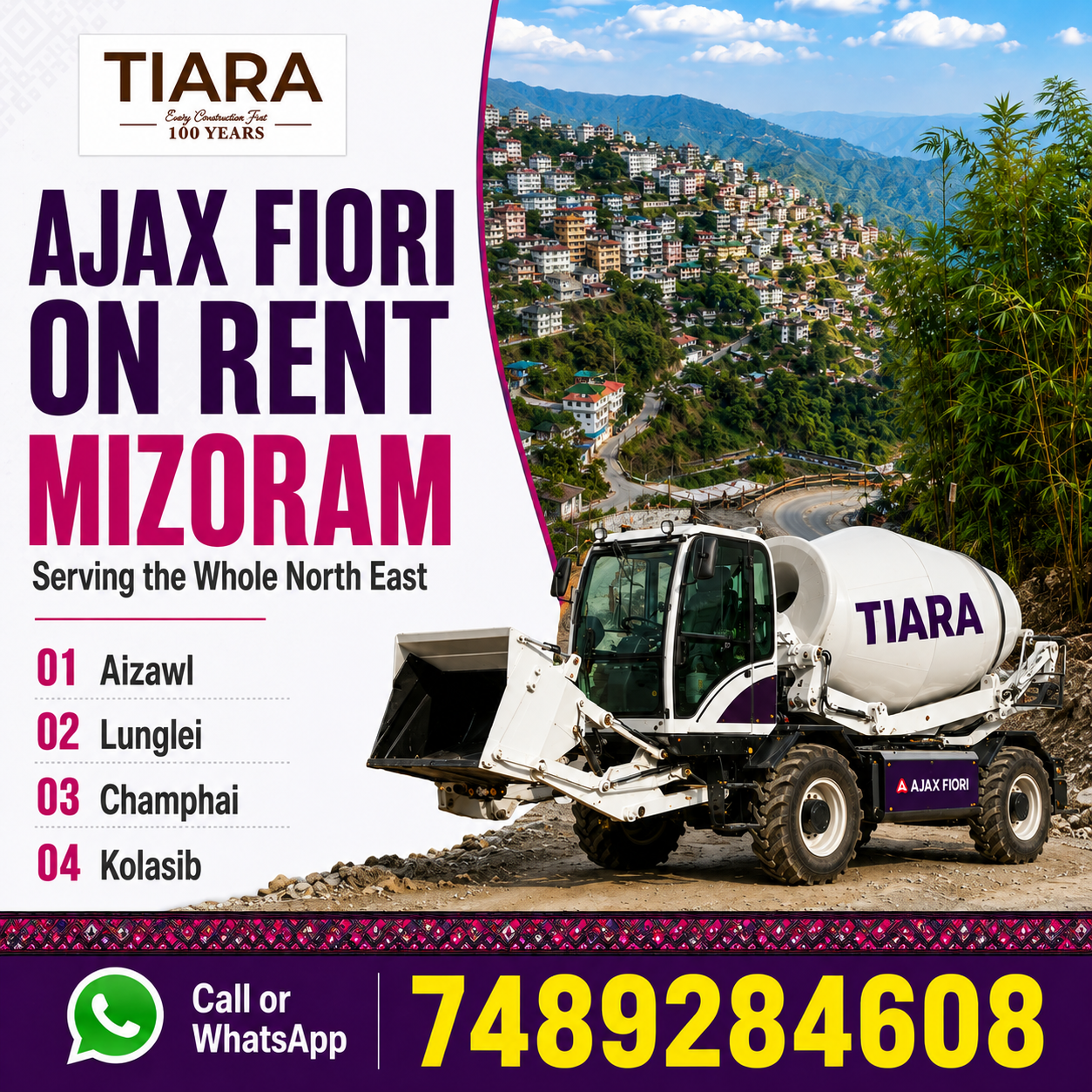 Ajax Fiori and self-loading concrete mixer available on rent in Mizoram from Tiara Infrastructure