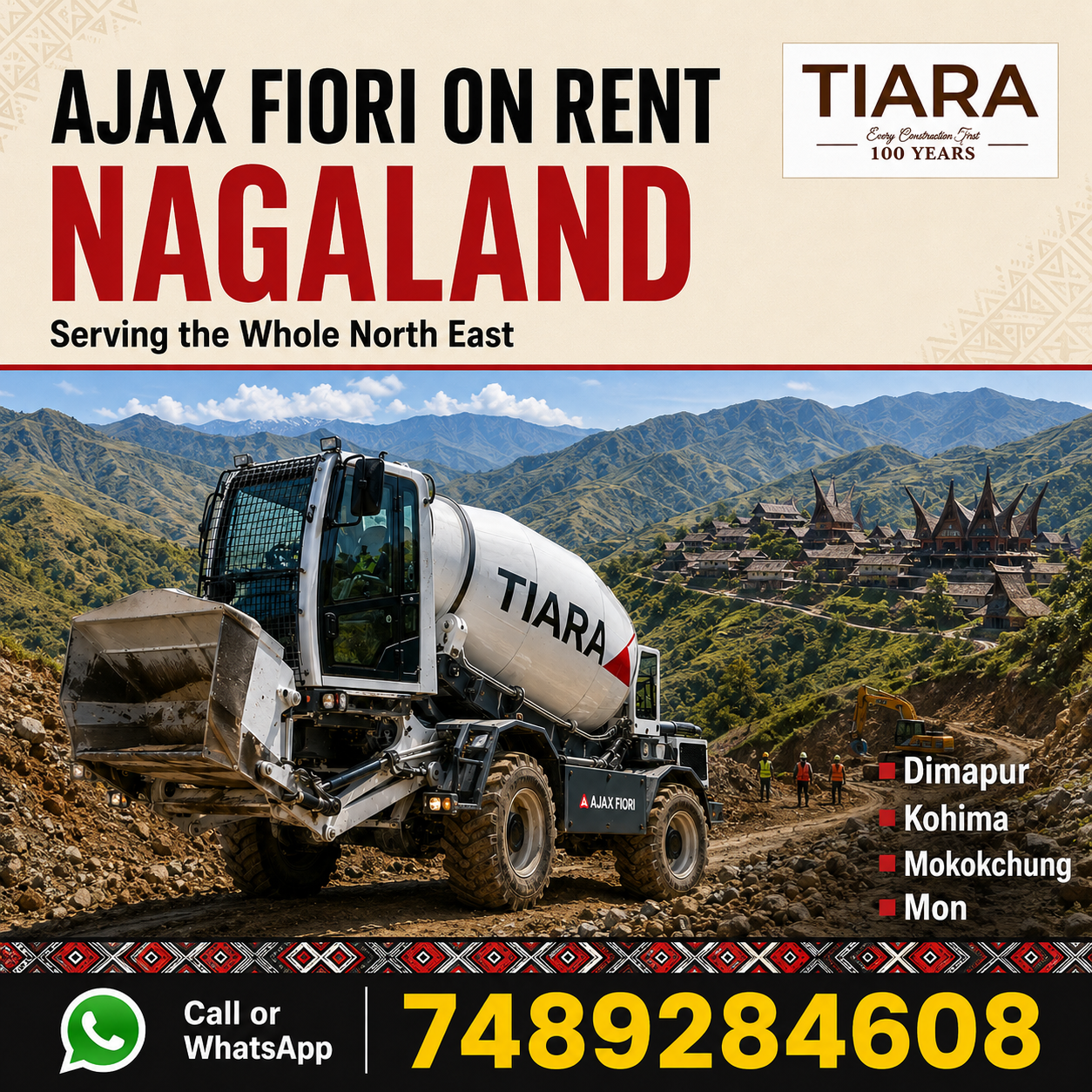 Ajax Fiori and self-loading concrete mixer available on rent in Nagaland from Tiara Infrastructure