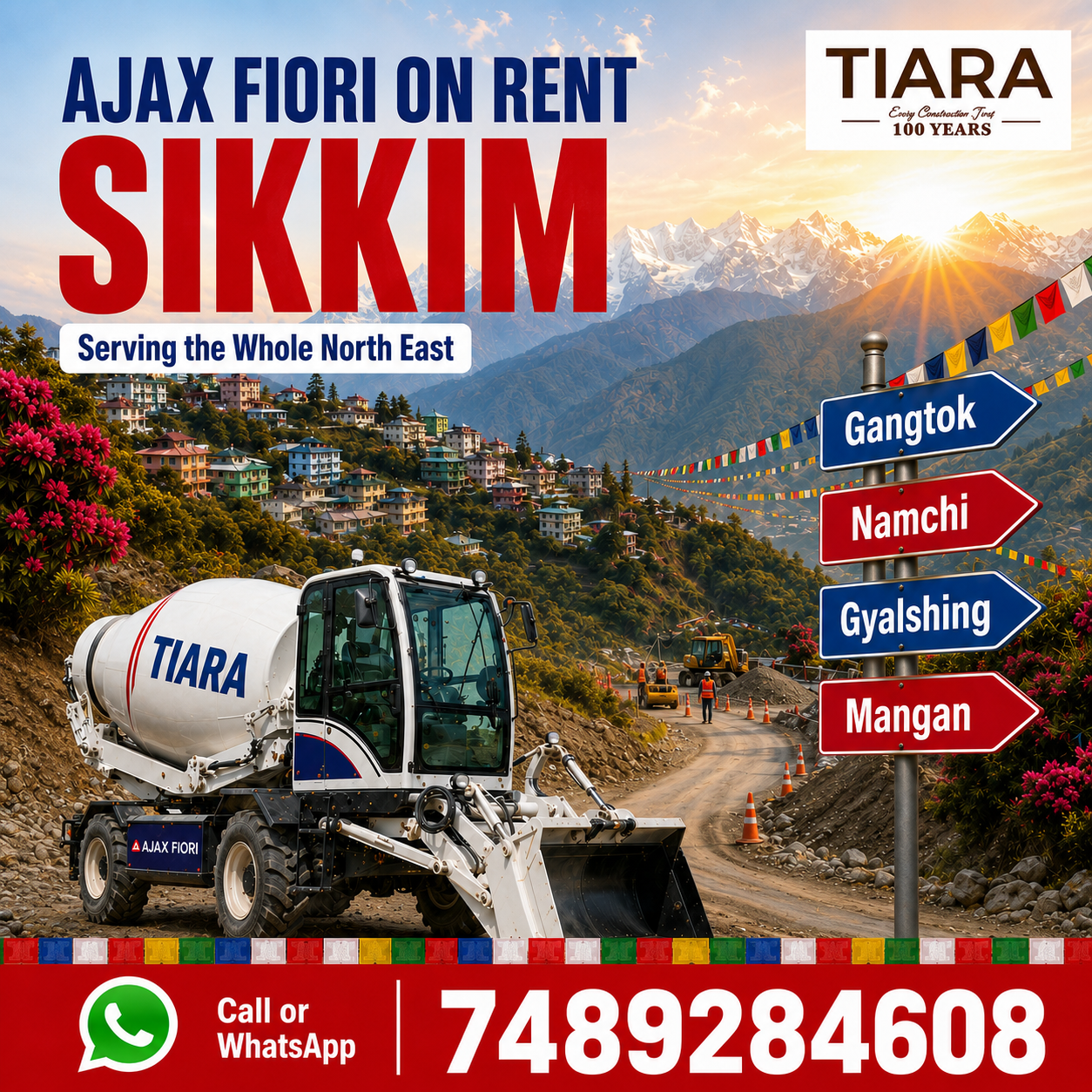 Ajax Fiori and self-loading concrete mixer available on rent in Sikkim from Tiara Infrastructure