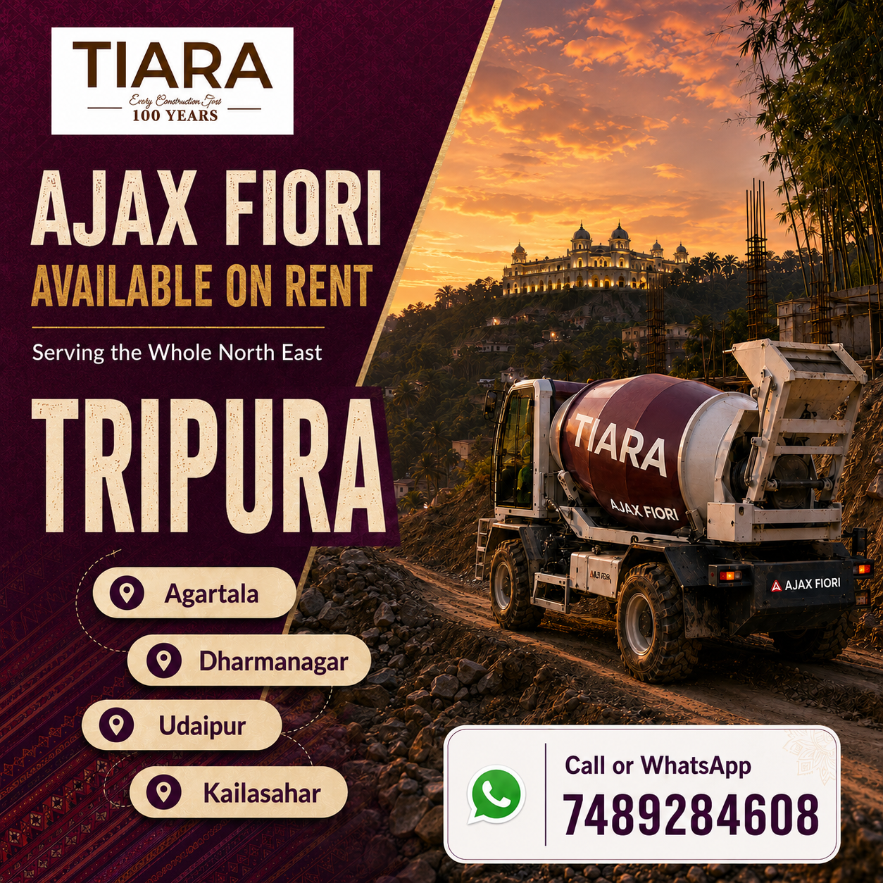 Ajax Fiori and self-loading concrete mixer available on rent in Tripura from Tiara Infrastructure