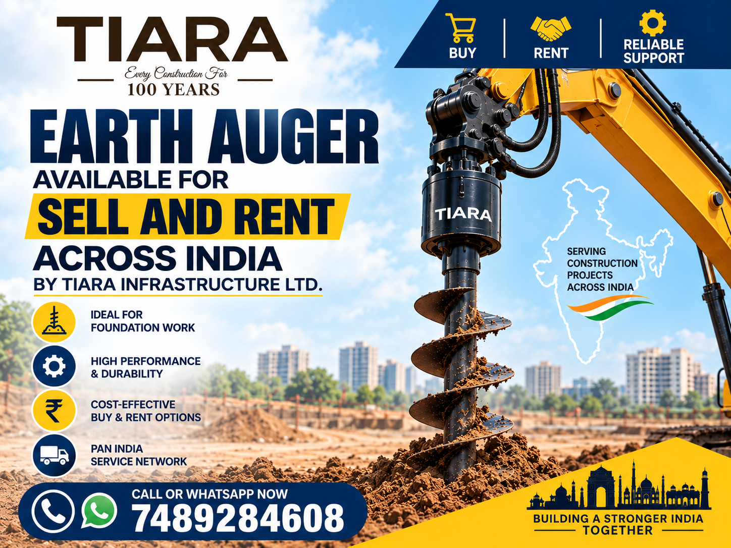 Earth Auger available for rent and sale across India by Tiara Infrastructure Ltd